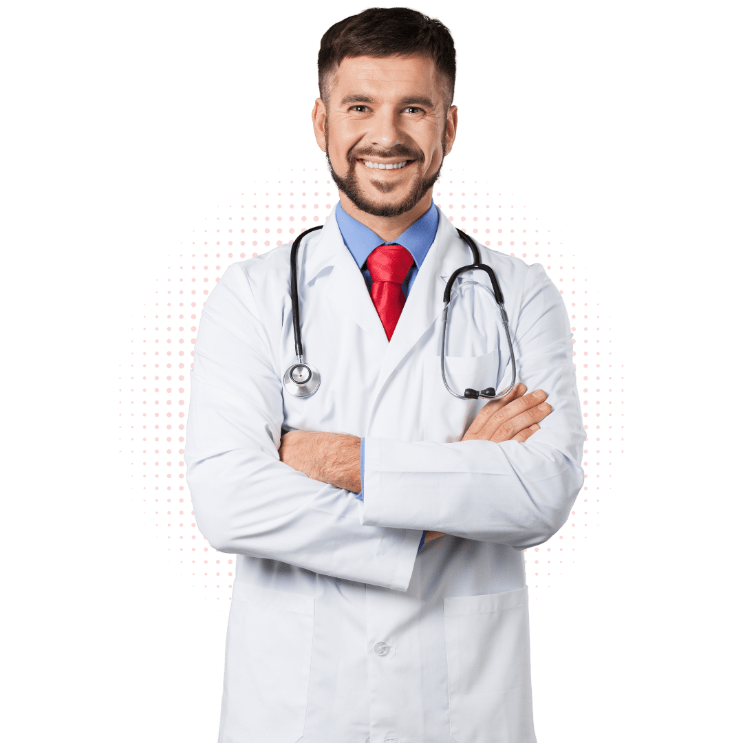 Smiling male doctor in white coat with stethoscope